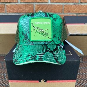Goorin Bros The Farm Animal Trucker GRASSHOPPER NOOB GREEN Vegan Snake Print New